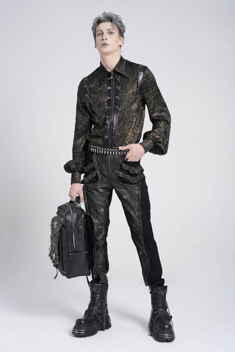 Black/Grey Faux Leather Stitching Buckle Men's Punk Pants