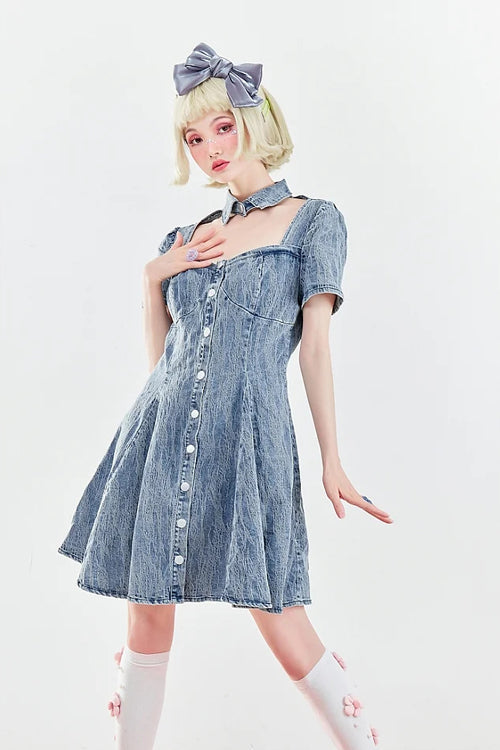 Blue Short Sleeves Single Breasted Ruffled Denim Sweet Lolita OP Dress