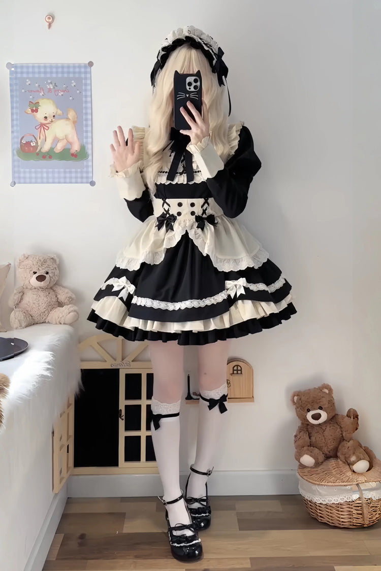 Black/White Short Sleeves Triple-Layered Ruffle Bowknot Lace Sweet Plus Size Maid Lolita Dress Set