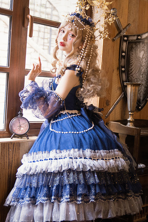 Blue Gorgeous Starry Sky Bowknot Pearl Chain Decoration Multi-Layer Ruffled Sweet Lolita JSK Tiered Dress