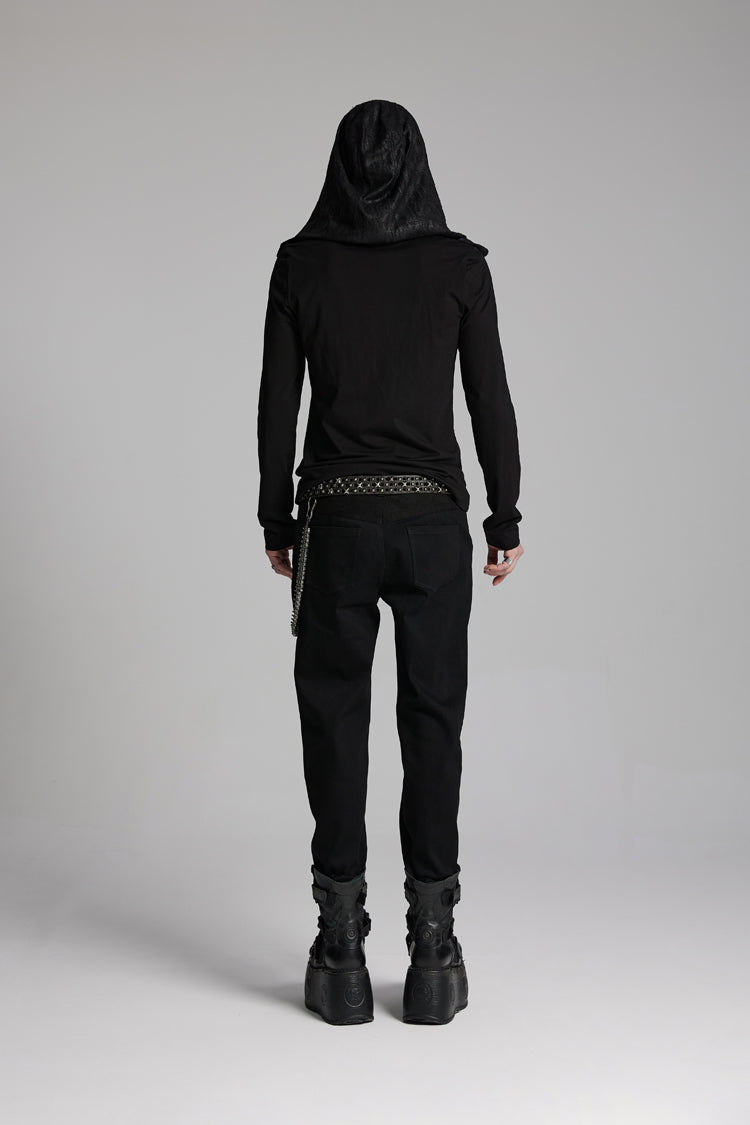 Black V Collar Long Sleeves Hooded Overlaping Mesh Men's Punk T-Shirt
