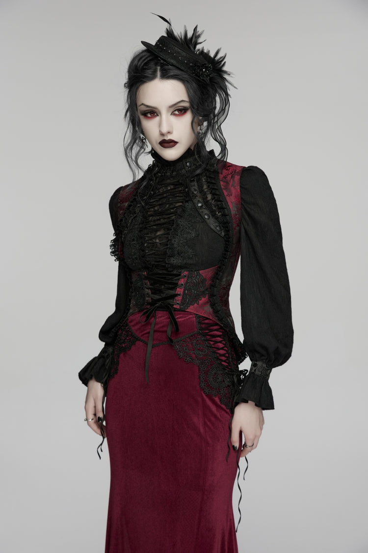 Black/Red Jacquard Embroidered Lace Lace-Up Slim Women's Gothic Vest