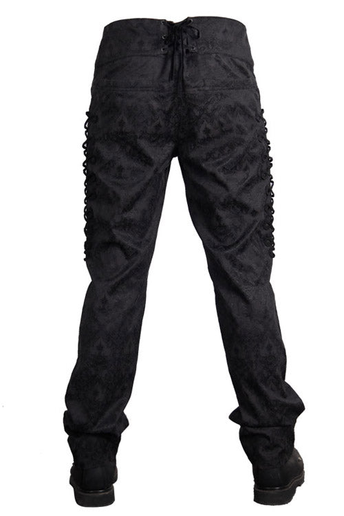 Black Side Discoid Flowers Back Waist Lace Up Gothic Jacquard Mens Pants