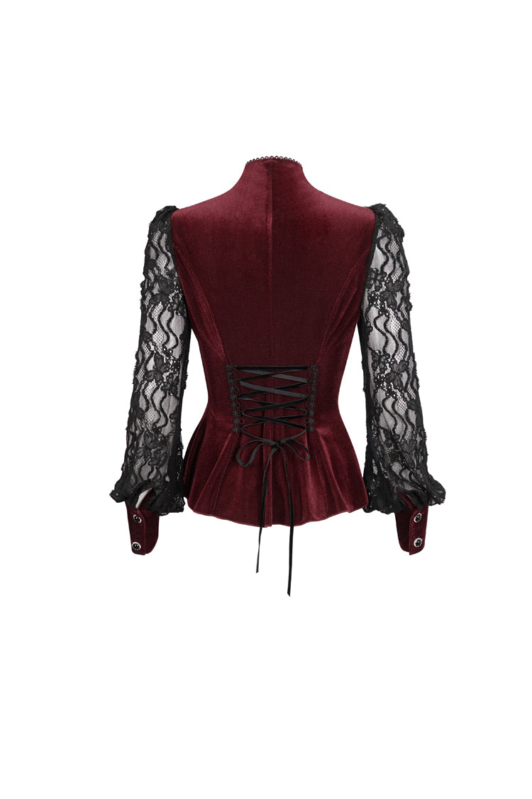 Red Velvet High Neck Lace Fake Bra Design Splicing Three-Dimensional Butterfly Mesh Women's Gothic Shirt