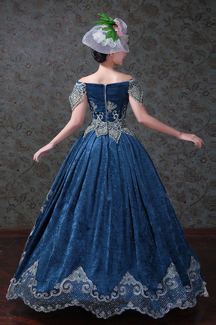 Blue Boat Neck Off-The-Shoulder High Waisted Embroidery Floral Print Victorian Lolita Prom Dress