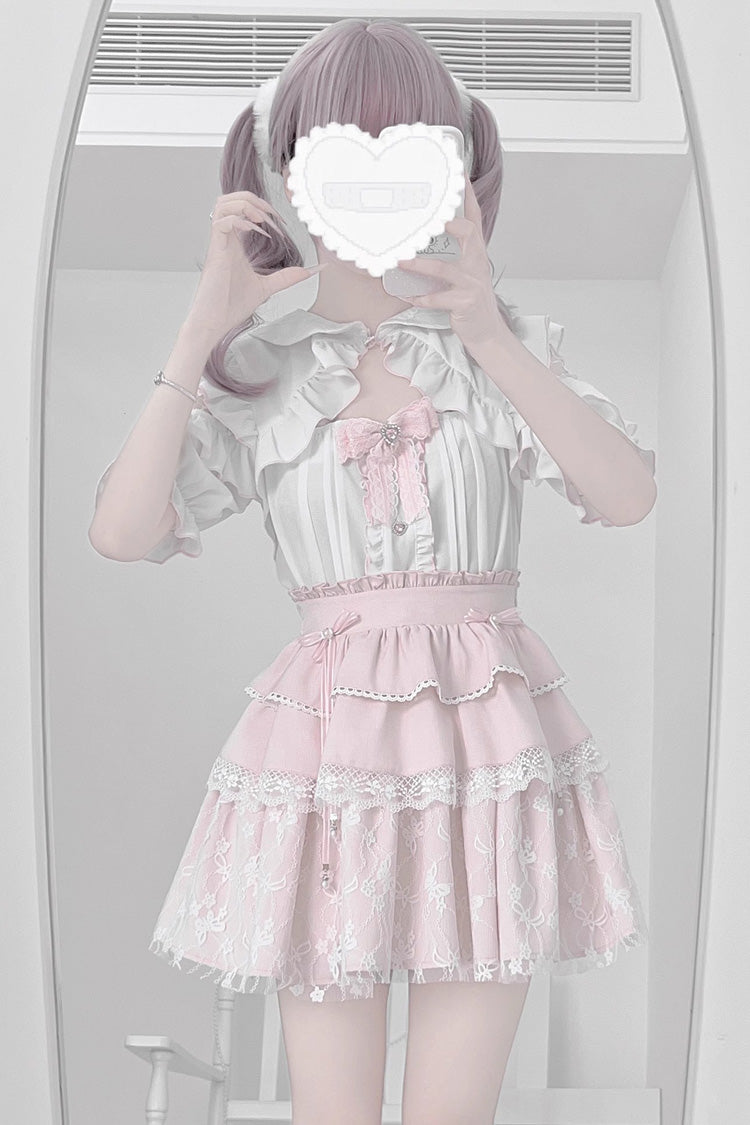 Gothic Fashion Top - White/pink, 2 Colors, Bow Detail, Lace Trim, Ruffled - additional product view 9