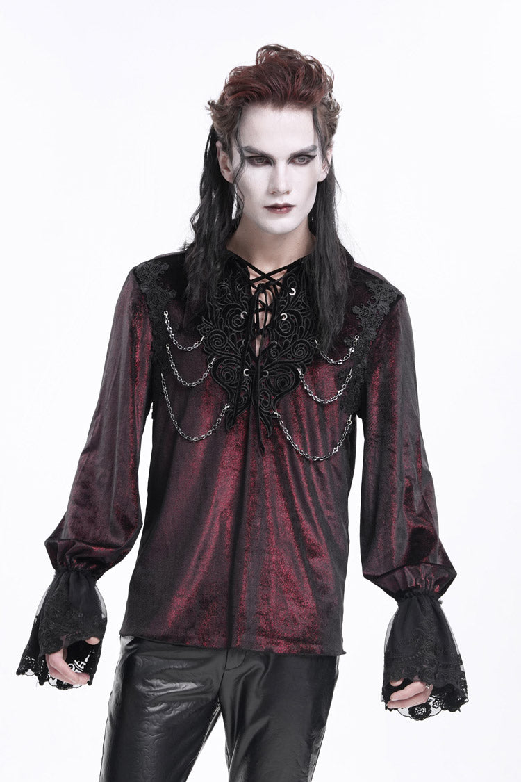 Gothic Lolita Blouse - Wine Red V Collar, Red, Men's Style, Lace Trim, Lace-Up - additional product view 8