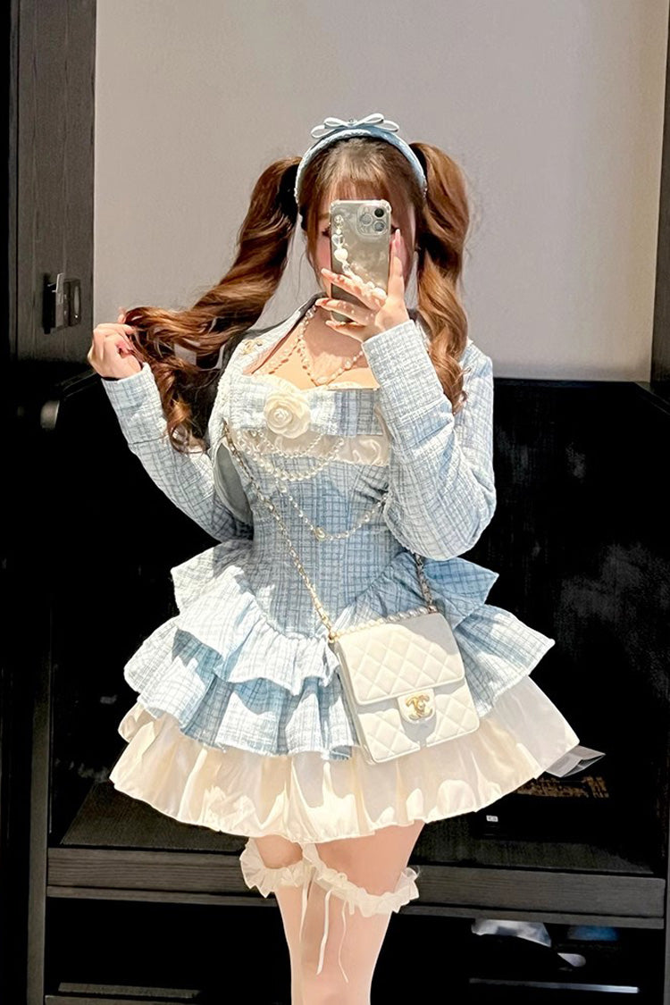 Gothic Lolita Dress - Camellia Blue Miss Plaid Print, Blue, Plaid, Sweet Style, Bow Detail - additional product view 5