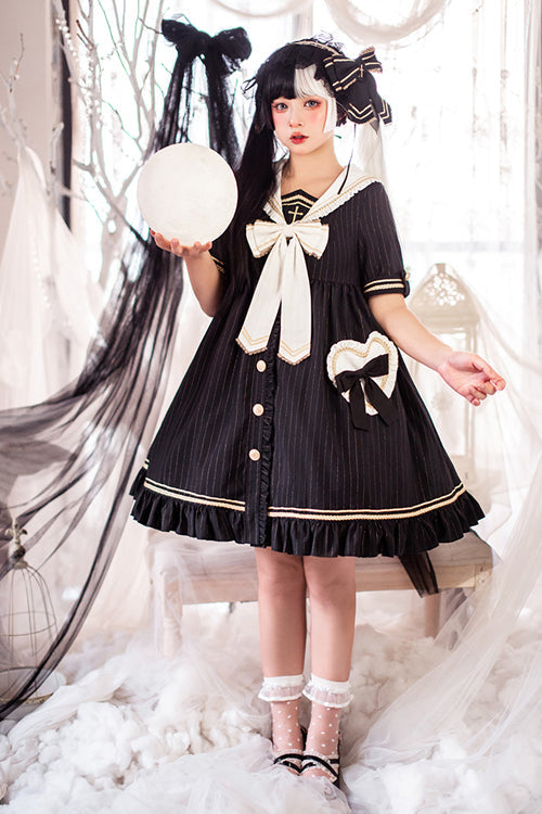 Gothic Lolita Dress - Chest, 2 Colors, Striped, Cross Detail - S Black / M Black / L Black option