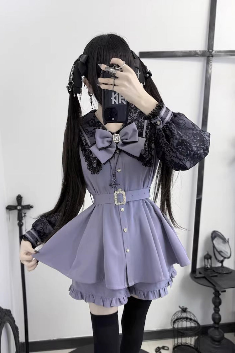 Gothic Lolita Dress - Confession Fantasy, 4 Colors, Bow Detail, Ruffled, Printed - S Grey/Purple / M Grey/Purple / L Grey/Purple option