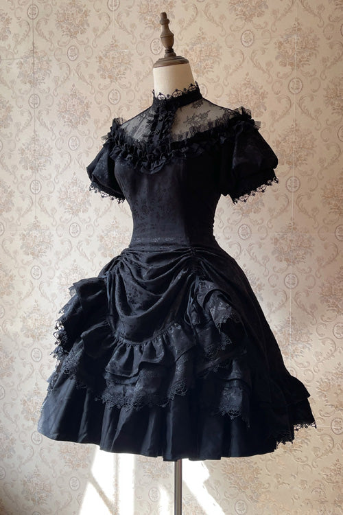 Gothic Lolita Dress - Dark Black High Waisted, Black, High Waist, Ruffled - XS Dark Black / M Dark Black / XL Dark Black option
