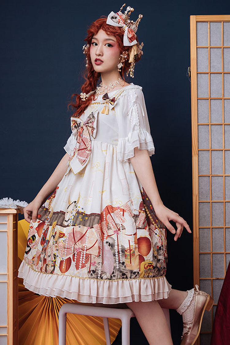 Gothic Lolita Dress - Demon Mask Print, White, High Waist, Printed, Sweet Style - additional product view 4