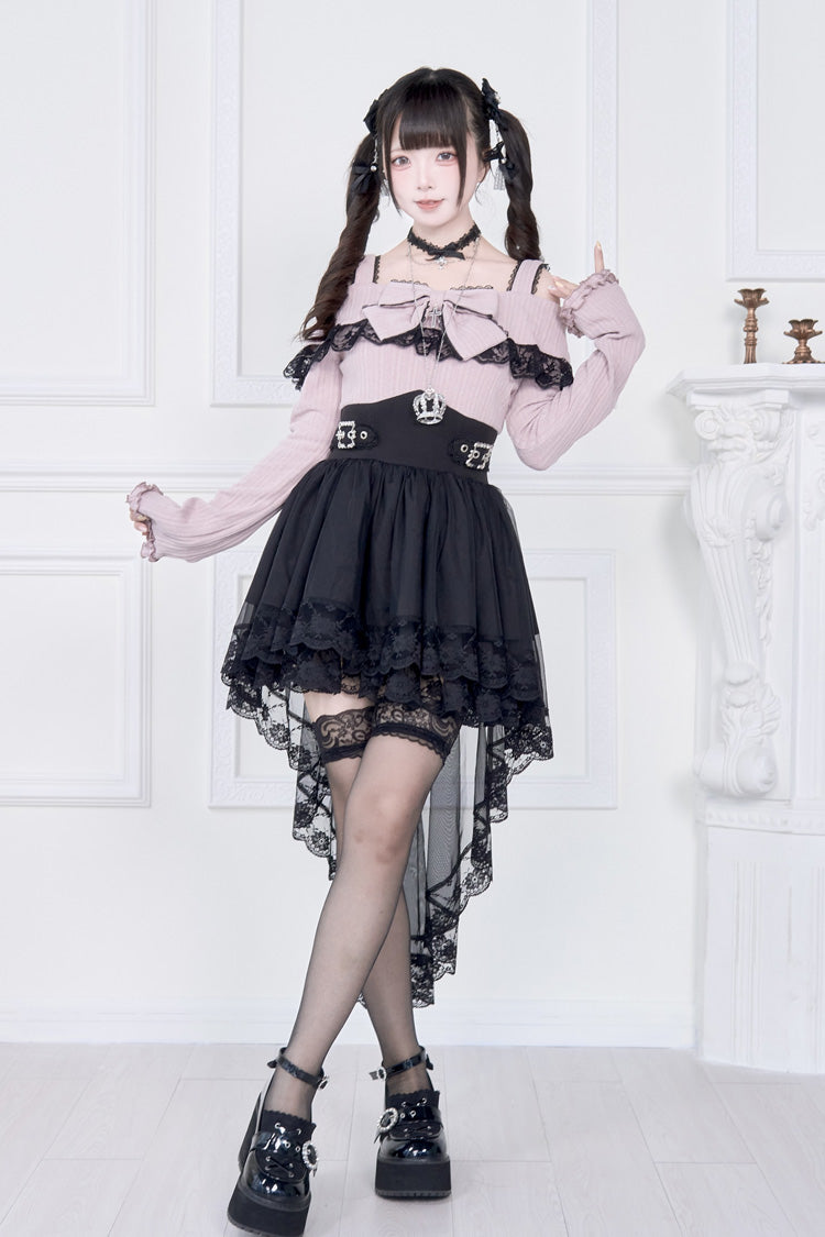 Gothic Lolita Dress - Jirai Kei Fake Two Pieces Off, 2 Colors, Long Sleeves, Bow Detail - additional product view 10