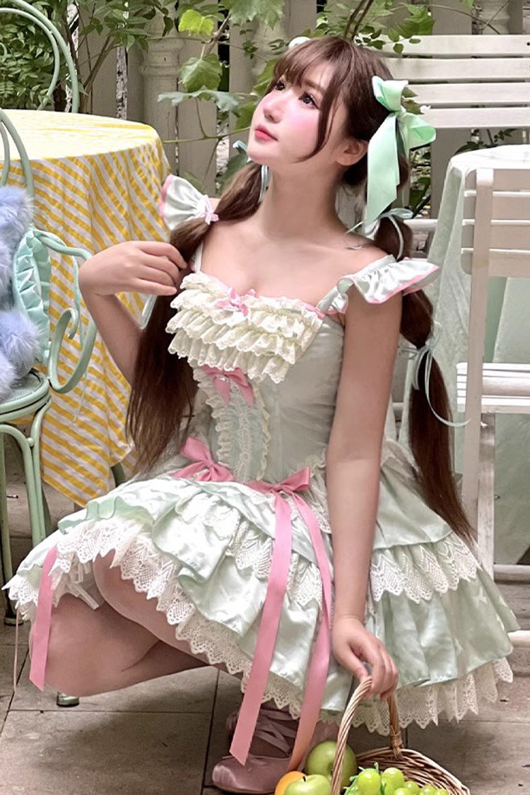 Gothic Lolita Dress - Mints, Green, Ballet-Inspired Style, Bow Detail, Lace Trim - additional product view 8