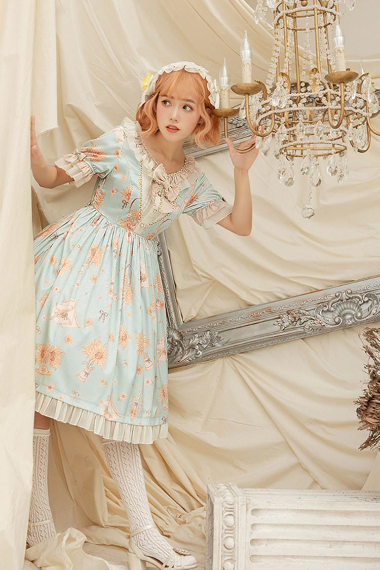Gothic Lolita Dress - Miss Sunflower, Green, Bow Detail, Ruffled, Printed - additional product view 4