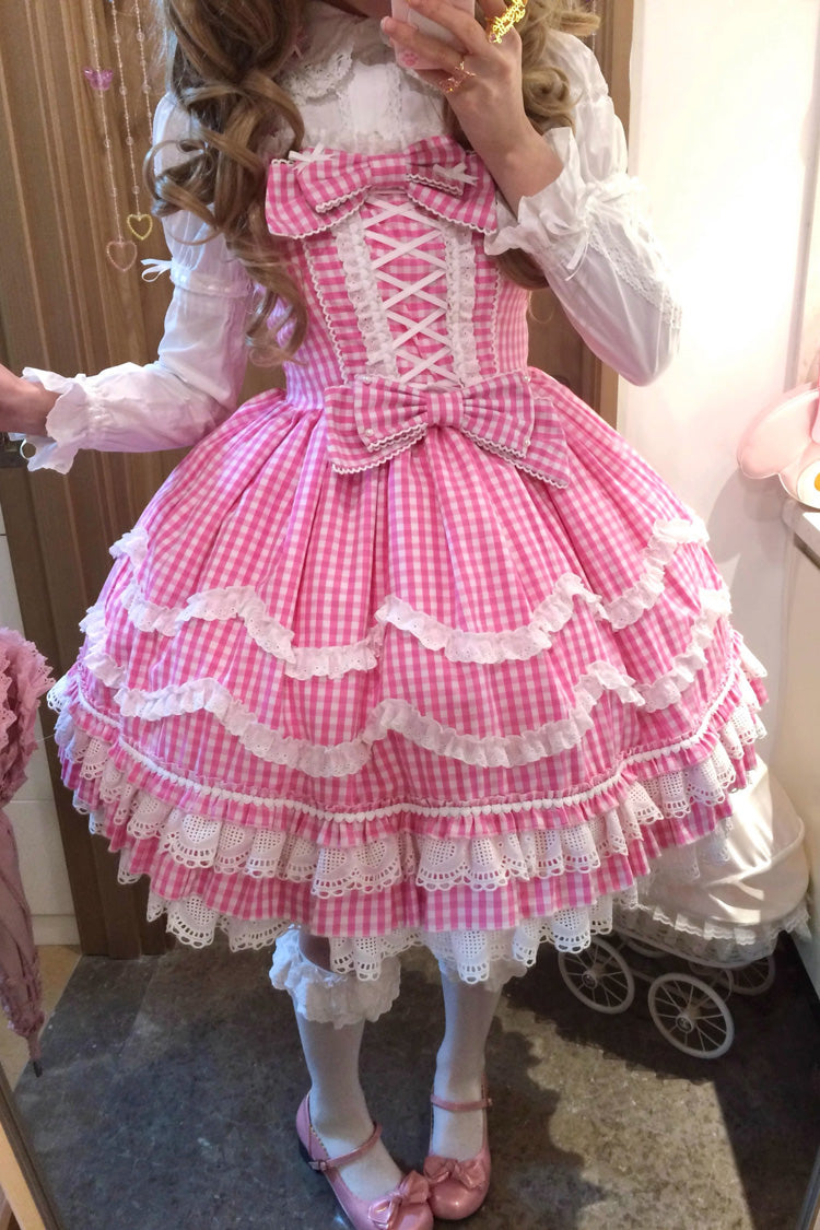 Gothic Lolita Dress - Plaid Print, Pink, Plaid, Bow Detail, Lace Trim - additional product view 10