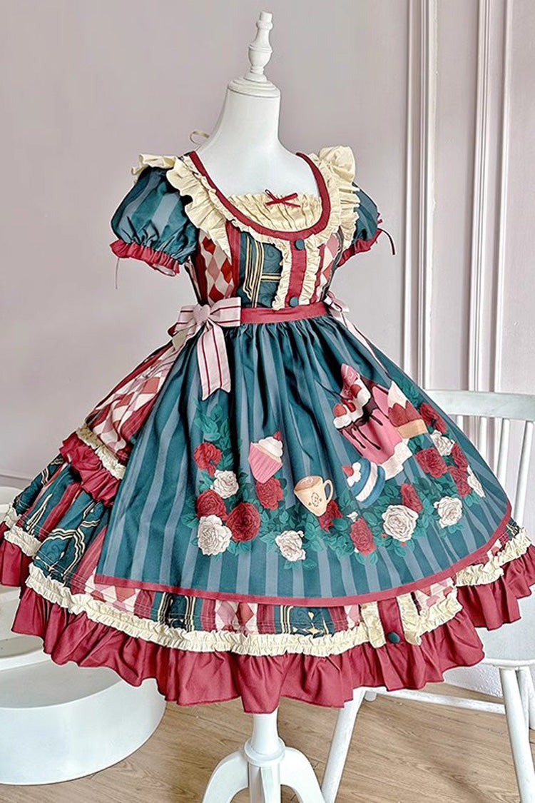 Gothic Lolita Dress - Puppy Cafe, 5 Colors, Printed, Sweet Style, Bow Detail - S Green-Apron-OP / M Green-Apron-OP / L Green-Apron-OP option
