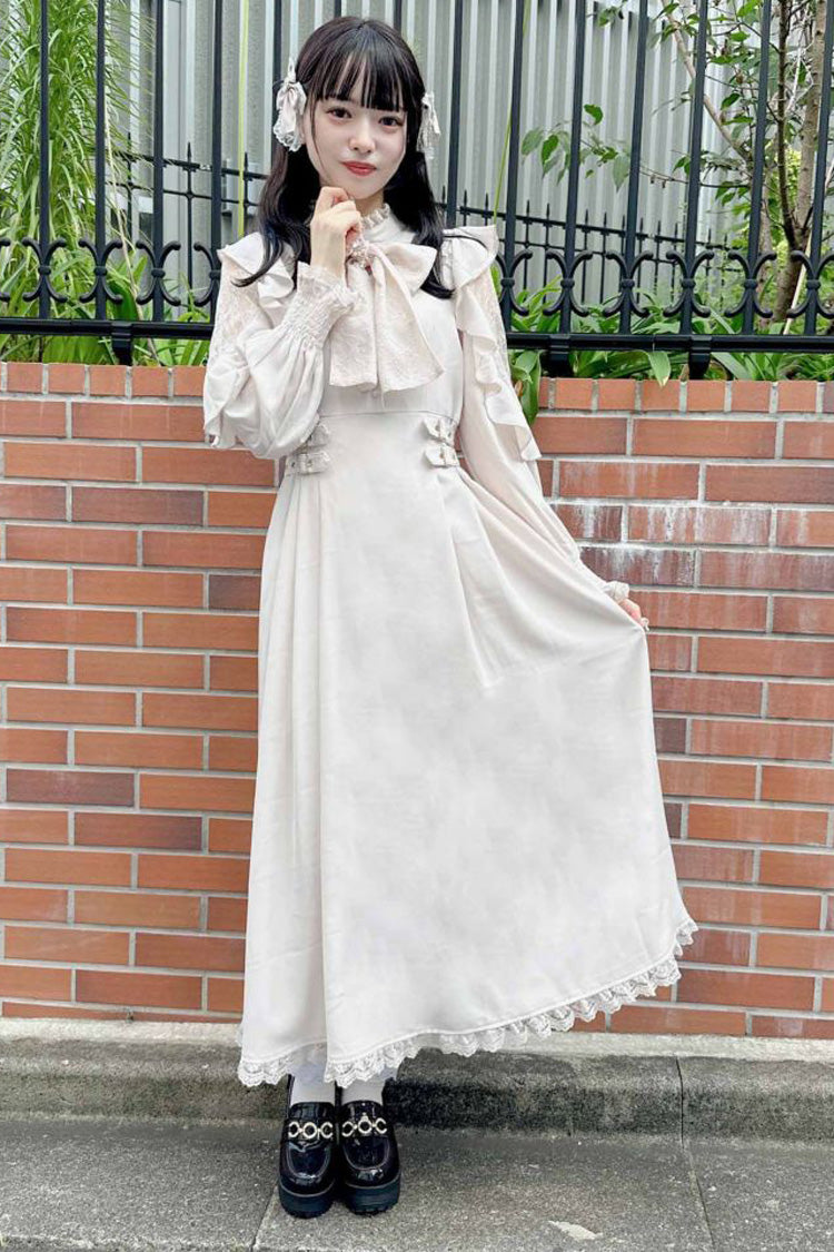 Gothic Lolita Dress - Stand Collar Off Shoulder, White, Stand Collar, Bow Detail - additional product view 14
