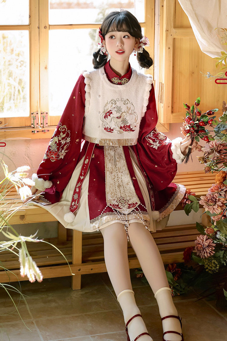 Gothic Lolita Dress - The Horse Of The New Spring, Red, Stand Collar, High Waist - additional product view 5