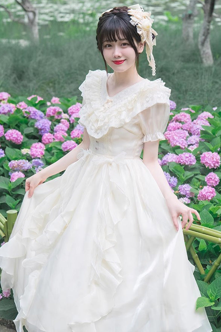 Gothic Lolita Dress - V-neck, White, Puff Sleeves, Sweet Style, Bow Detail - additional product view 6
