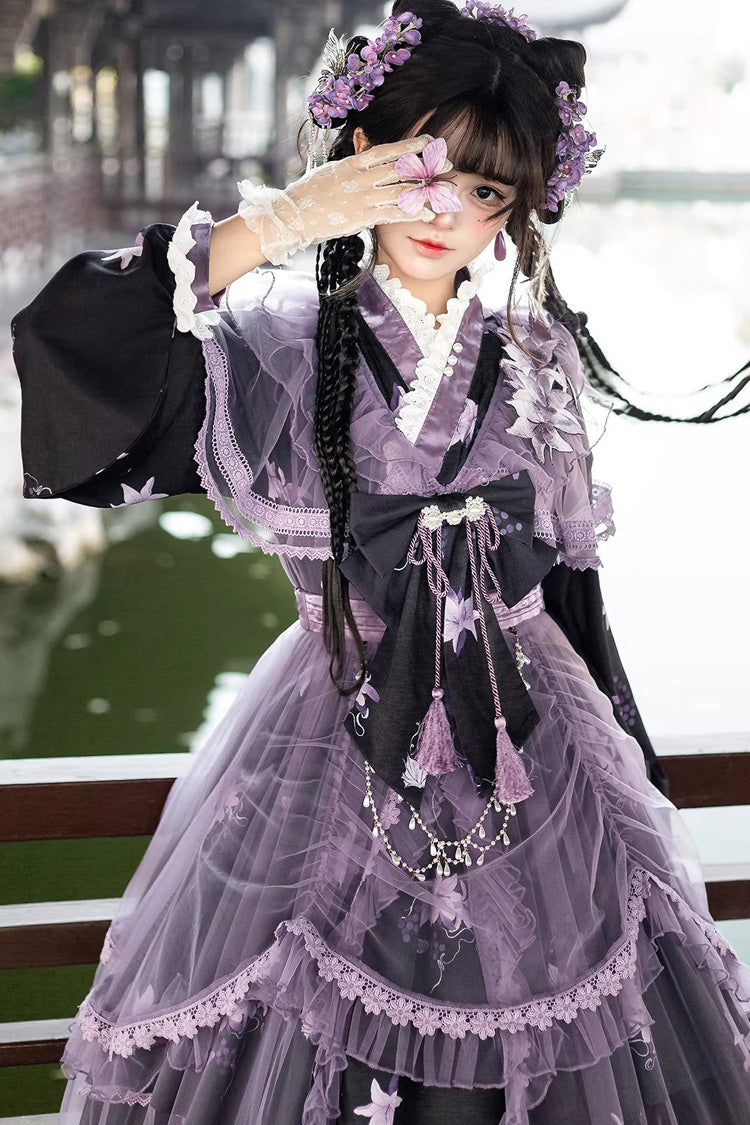 Gothic Lolita Dress - Violet Gauze Lily, Purple, Stand Collar, Ruffled, Embroidered - additional product view 11