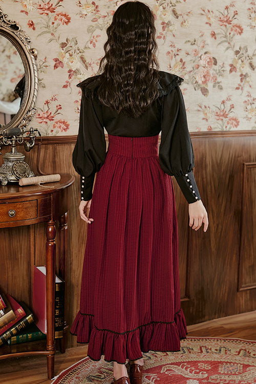 Gothic Lolita Dress - Wine Vintage Palace Style, Wine, Striped, High Waist, Ruffled - additional product view 4