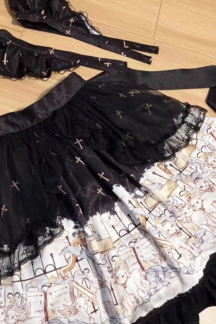 Gothic Lolita Skirt - Angel Lamb, 3 Colors, Bow Detail, Ruffled, Printed - S Black/White / M Black/White / L Black/White option