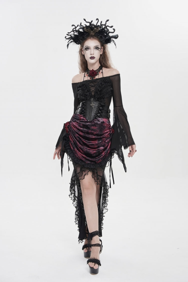 Gothic Lolita Skirt - Black/red, 2 Colors, Women's Style, Lace-Up, Lace Trim - additional product view 11