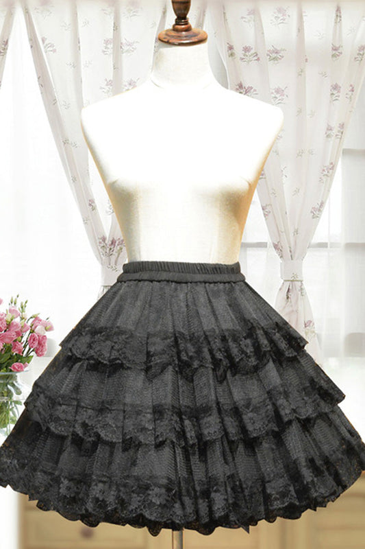 Gothic Lolita Skirt - Cotton Organza Lining, Black, Layered, Lace Trim - One Size Black option