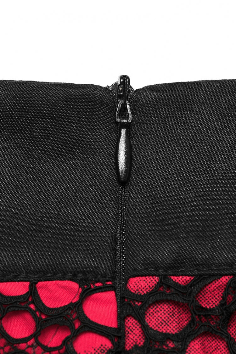 Gothic Lolita Skirt - Double-layer Hollow Stitching, Red, Women's Style, Lace Trim - additional product view 8
