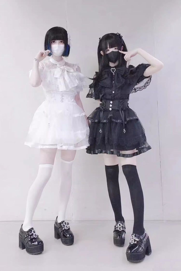 Gothic Lolita Skirt - Jirai Kei, 2 Colors, Lace Trim, Ruffled, Bow Detail - additional product view 5