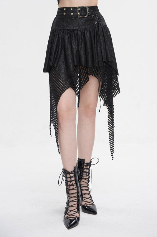 Gothic Lolita Skirt - Lrregular Mesh Splice Buckle, Black, Buckle Detail, Women's Style - additional product view 2