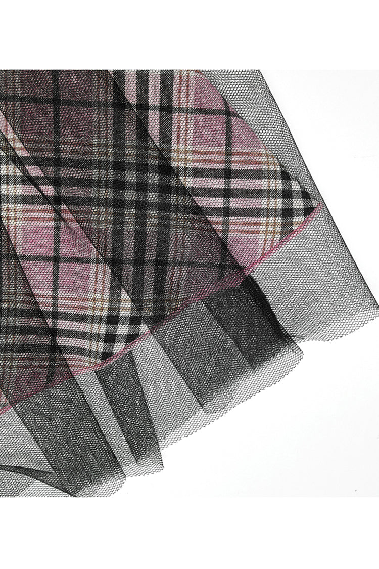 Gothic Lolita Skirt - Pink/black Cotton Splicing Mesh, 2 Colors, Plaid, Short Length - additional product view 9