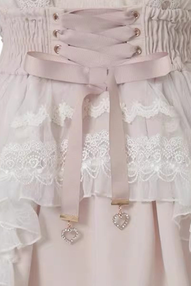 Gothic Lolita Skirt - Sheer Overlay Maid Ruffled, 3 Colors, Bow Detail, Lace Trim, Lace-Up - additional product view 6