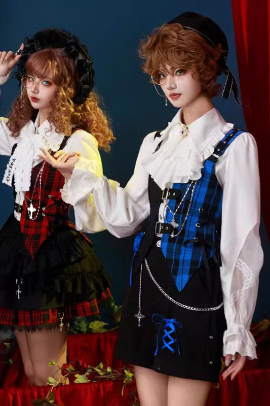 Gothic Lolita Skirt - Subculture Plaid Print, 2 Colors, Plaid, Ruffled, Printed - additional product view 2