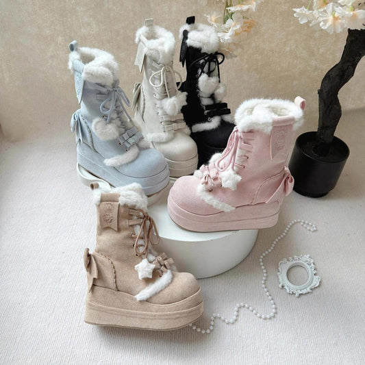 Kawaii Lolita Boots - Cute Platform Thick-soled, Blue, Bow Detail, Lace Trim, Lace-Up - additional product view 2