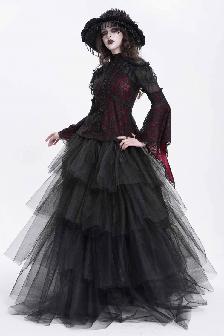Lolita Blouse - Stand Collar Trumpet Embroidery, Red, Stand Collar, Women's Style - additional product view 8