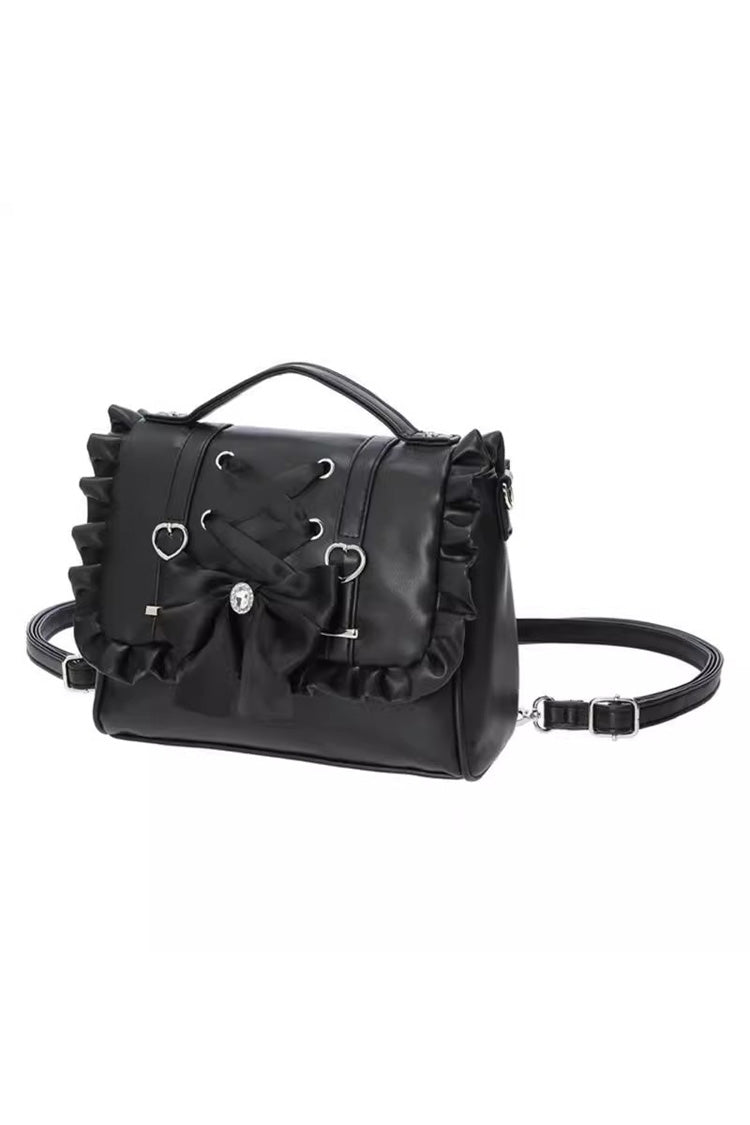 Lolita Character Bag - Ruffle Bowknot Lace-up Handbag, 3 Colors, Lace Trim, Ruffled - One-Size Black option