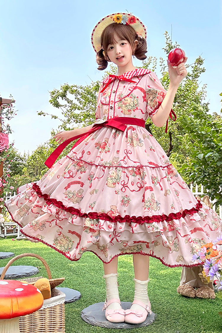 Lolita Dress - Bear's Strawberry Garden, 4 Colors, Printed, Sweet Style, Bow Detail - S Pink / M Pink / L Pink option