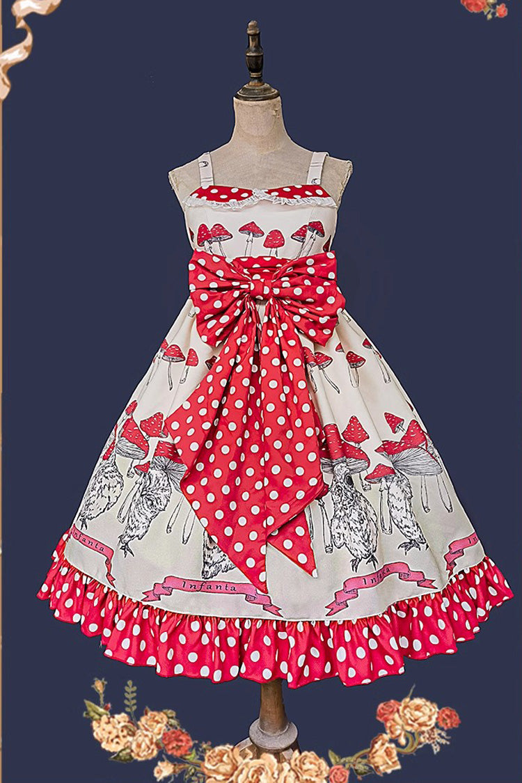 Lolita Dress - Cat Head Mushroom Print, 2 Colors, Sweet Style, Bow Detail, Ruffled - S Apricot/Red / M Apricot/Red / L Apricot/Red option