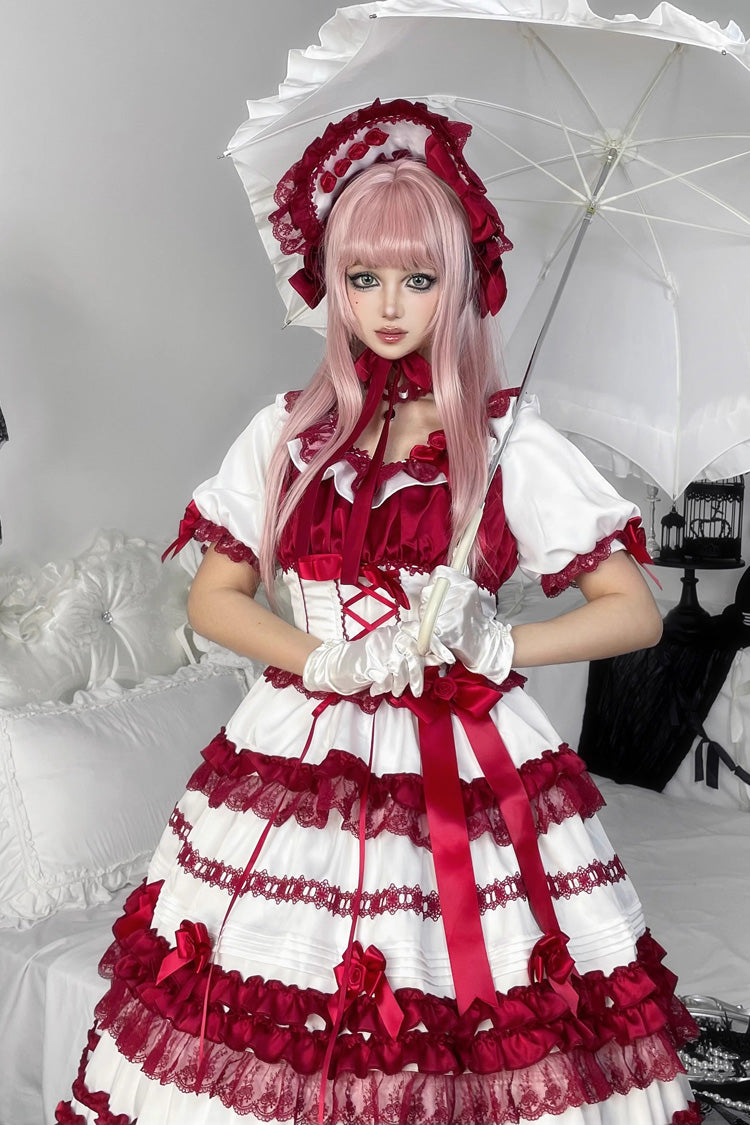 Lolita Dress - Layered Red Velvet, 2 Colors, Long Length, Short Length, Bow Detail - additional product view 8