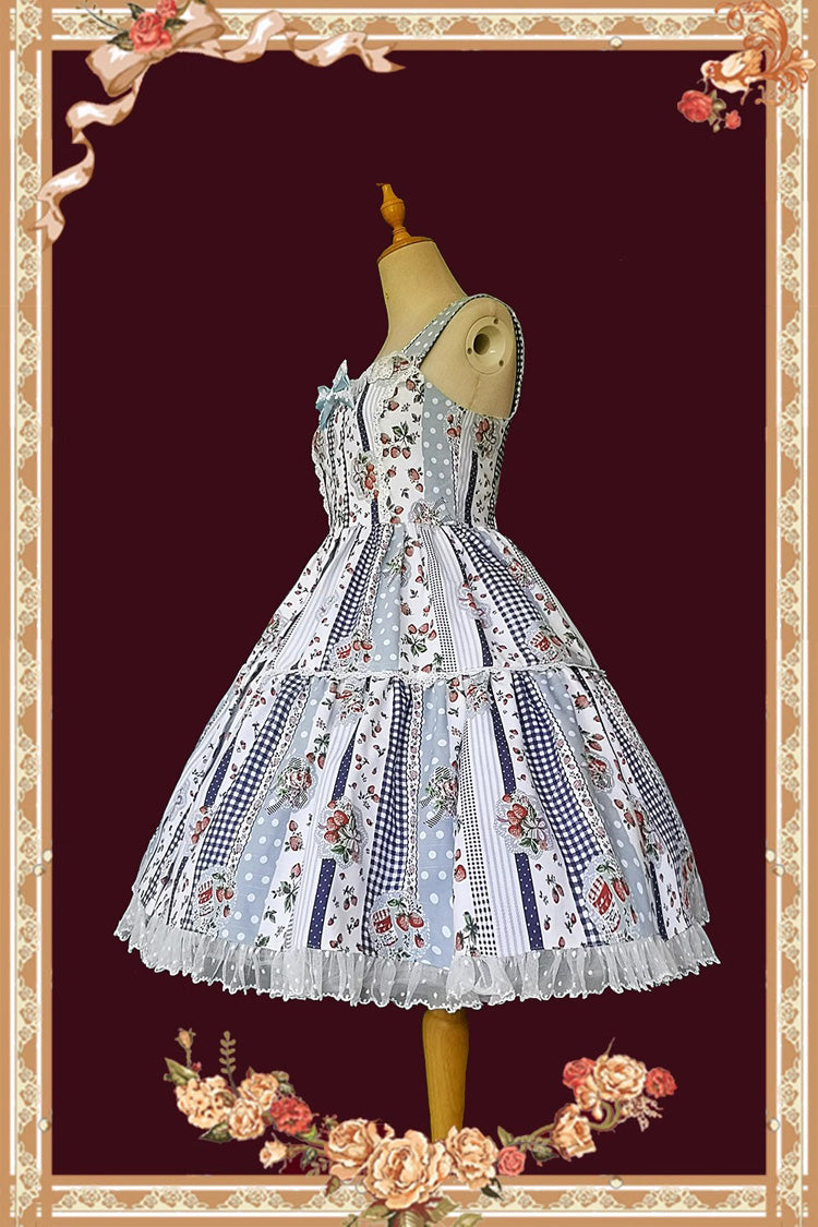 Lolita Dress - Light Blue Strawberry Plaid, Blue, Plaid, Ruffled, Printed - additional product view 7