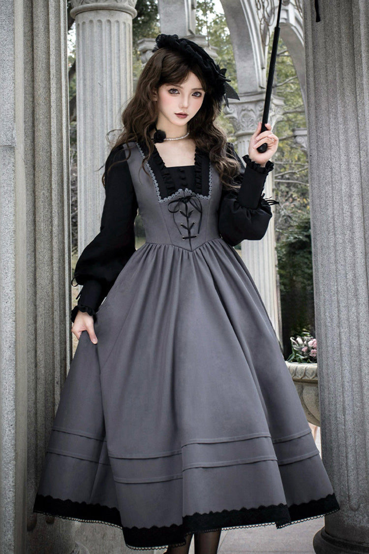 Lolita Dress - Mist Chronicle, Gray, Square Collar, Lace-Up, Long Sleeves - additional product view 13