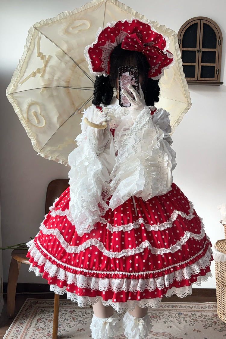 Lolita Dress - Polka Dots Print, Red, Lace-Up, Sweet Style, Bow Detail - additional product view 9