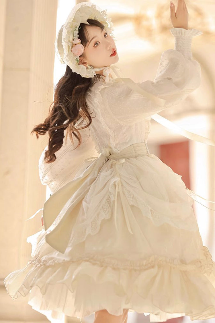 Lolita Dress - Stand Collar Print Ruffle, Ivory, Stand Collar, Long Sleeves, Sweet Style - additional product view 5