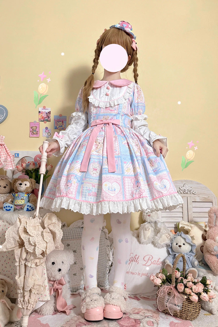 Lolita Dress - Sweetheart Bunny Bear, 3 Colors, Long Sleeves, Sweet Style, Bow Detail - M Blue / L Blue option