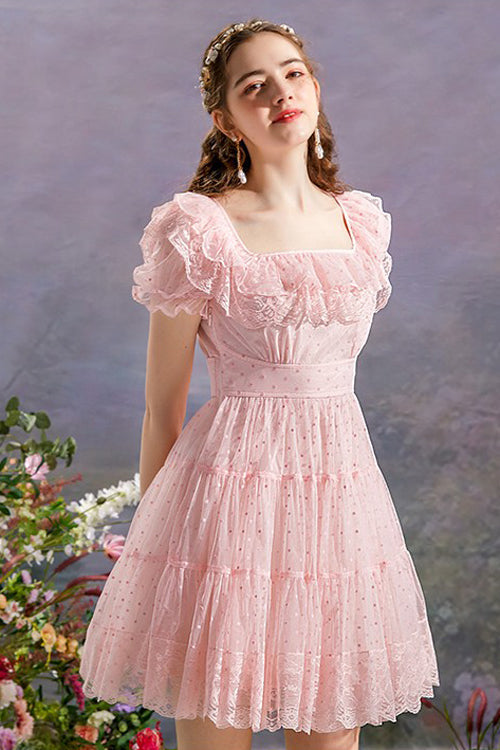 Lolita Dress - Vintage Square Collar, Pink, Square Collar, High Waist, Printed - additional product view 3