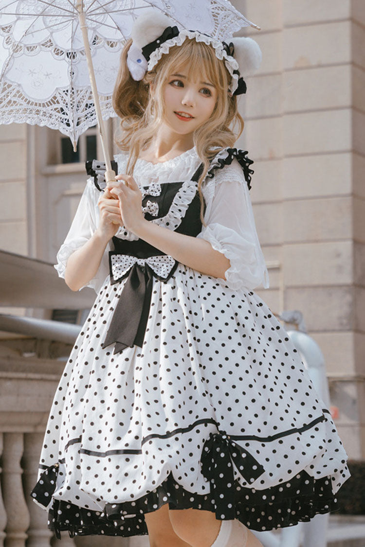 Lolita Dress - White/black Polka Dot Print, 2 Colors, Bow Detail, Printed, Sweet Style - additional product view 4
