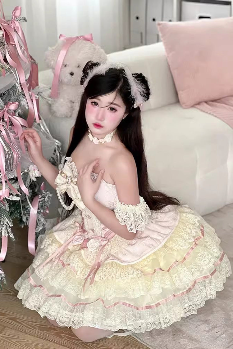 Lolita Dress - Yellow/pink, 2 Colors, Bow Detail, Lace Trim, Ruffled - additional product view 4