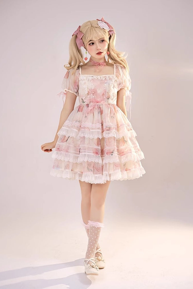 Lolita JSK Dress - Chiffon Organza, Pink, Printed, Sweet Style, Bow Detail - additional product view 8